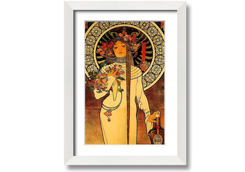 Framed print of Alphonse Mucha's La Trappistine artwork, showcasing intricate details and vibrant colors.